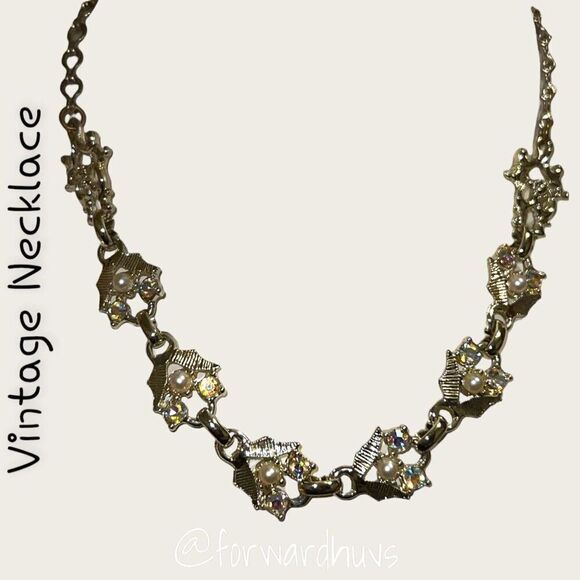 Vintage Silver Tone Necklace with Aurora Borealis and Faux Pearl Accents - Picture 3 of 10